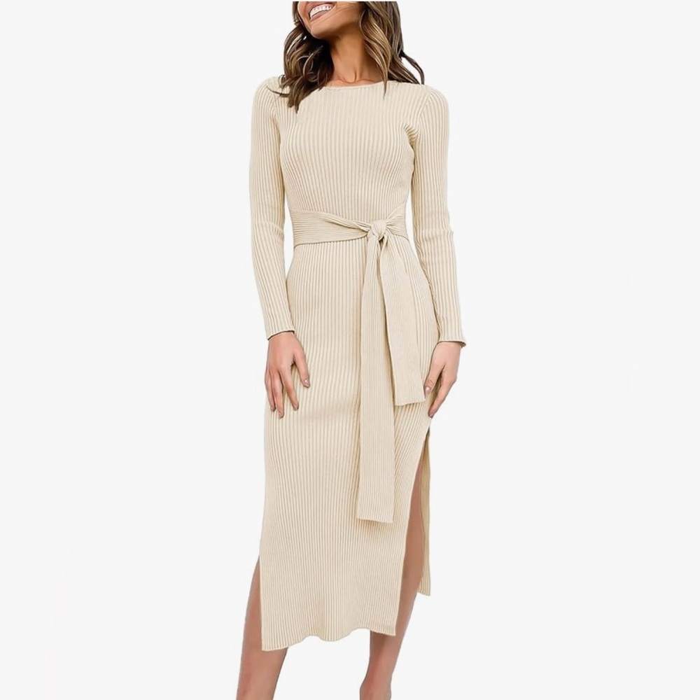Chic Cream Long Sleeve Knit Dress